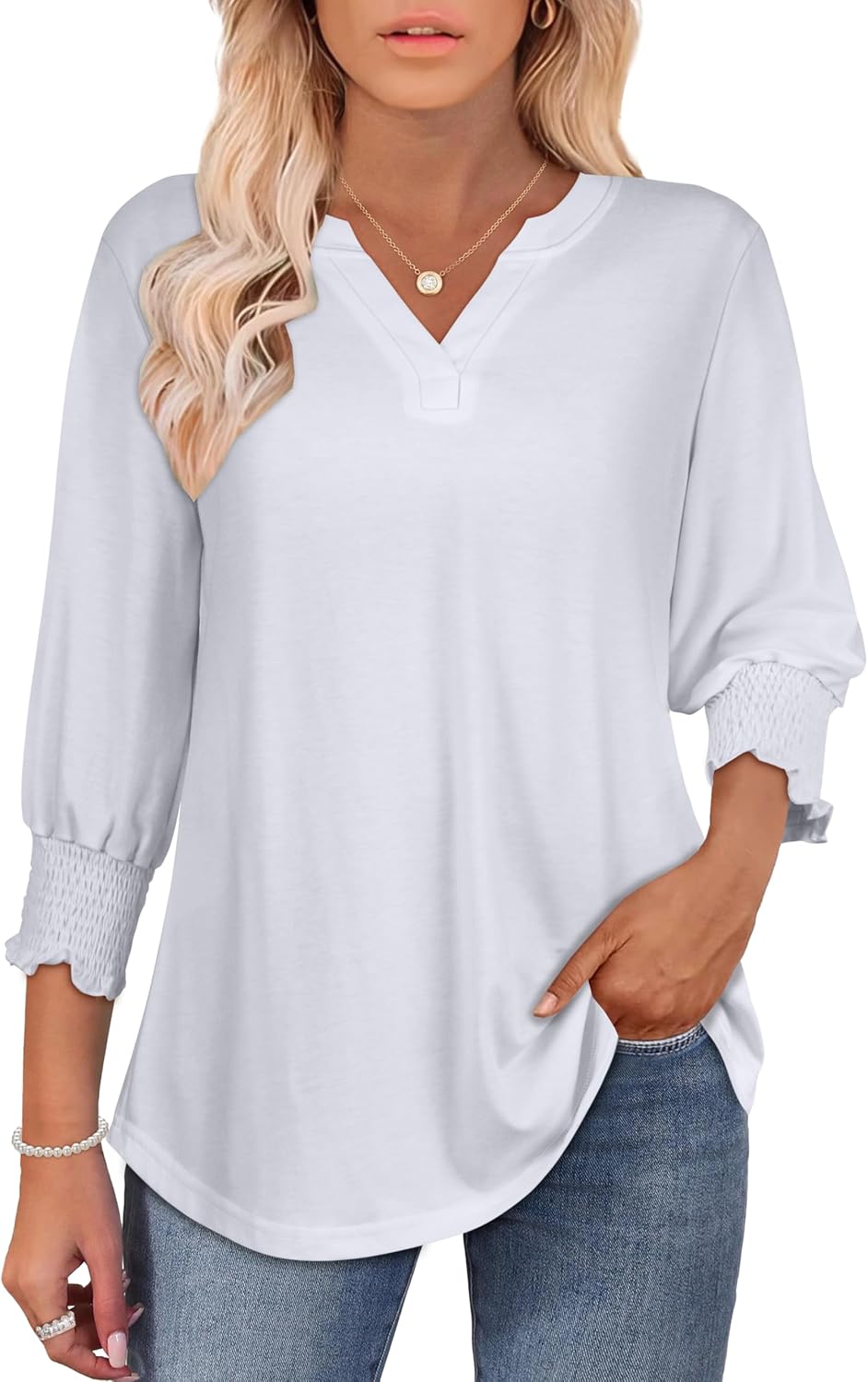 بلايز نسائية كاجوال باكمام 3/4 وقبة V واكمام منفوخة 4 بلايز نسائية كاجوال باكمام 3/4 وقبة V واكمام منفوخة - الصورة 4