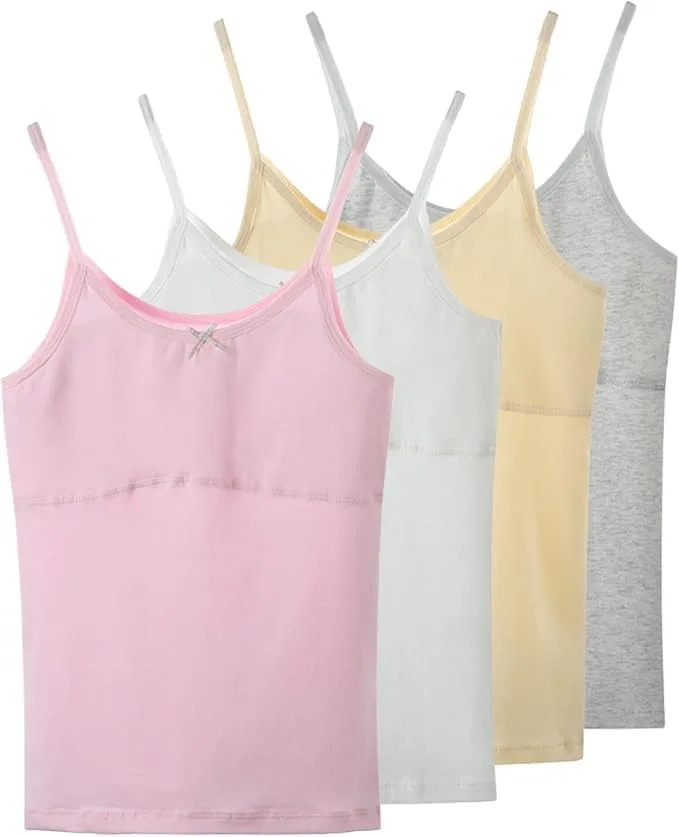 4 Pack Teen Girls Camisole, Cotton Lining Undershirts and Training Bras for Teens 10-12 Years
