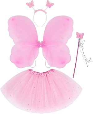 Pink girl Fairy dress, Princess dress, bow, wand and tutu, Butterfly Wings costume set, suitable for birthday party, everyday dress, fun games, suitable for 3-8 year old girls