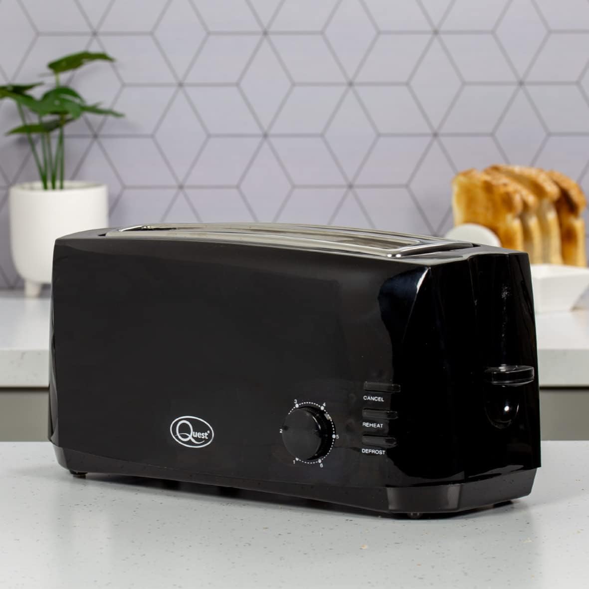 Quest 4 Slice Toaster Black - Extra Wide Long Slots for Crumpets and Bagels - 6 Settings - Reheat and Defrost 8 Quest 4 Slice Toaster Black - Extra Wide Long Slots for Crumpets and Bagels - 6 Settings - Reheat and Defrost - الصورة 8