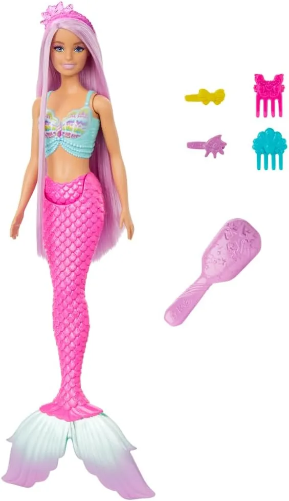 Barbie Mermaid Doll with 7-Inch-Long Pink Fantasy Hair and Colorful Accessories for Styling Play like Headband and Barrettes