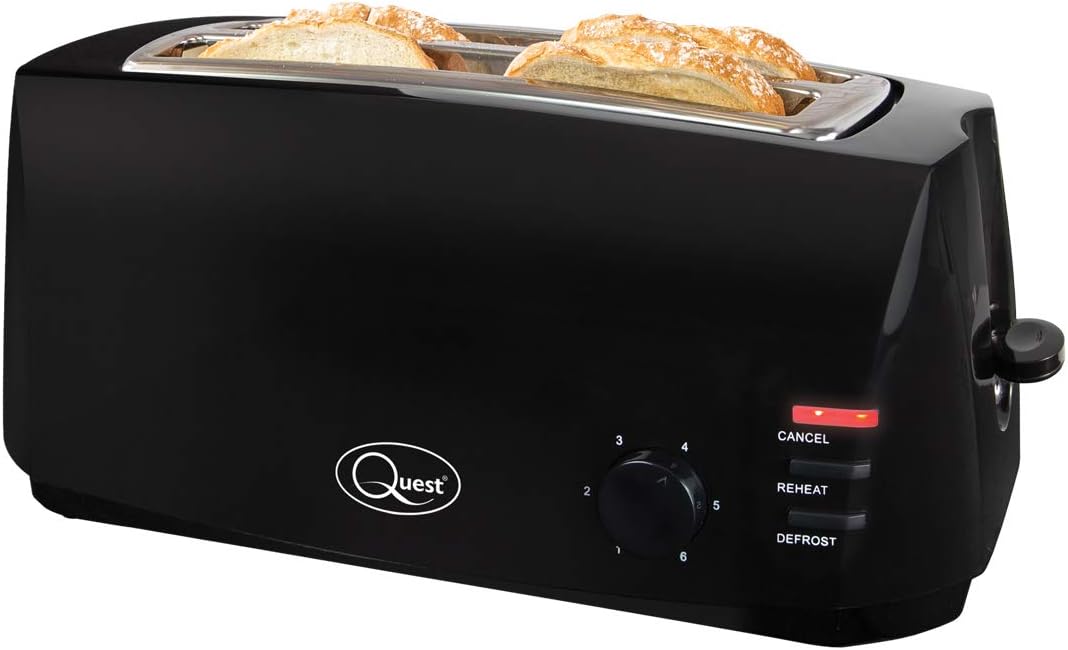 Quest 4 Slice Toaster Black - Extra Wide Long Slots for Crumpets and Bagels - 6 Settings - Reheat and Defrost 1 Quest 4 Slice Toaster Black - Extra Wide Long Slots for Crumpets and Bagels - 6 Settings - Reheat and Defrost