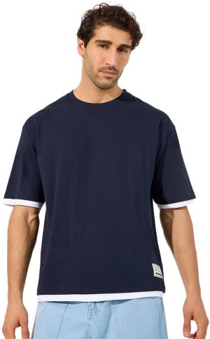 Styli Men Contrast Panel Oversized T-Shirt With Badge Detail