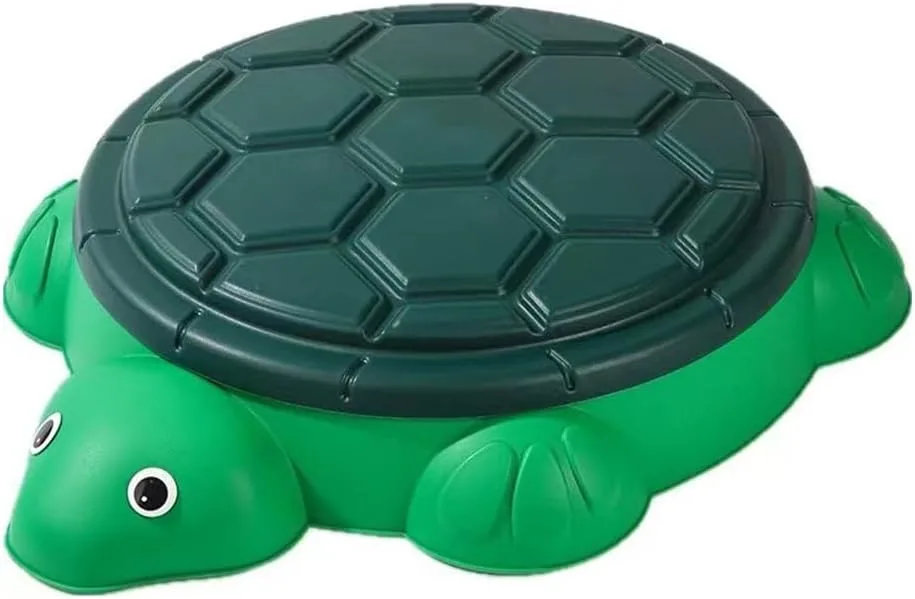 Kids Turtle Outdoor Sandbox Water Play Table, 123x90x21cm, Plastic Shell, Garden Play Set | حوض سلحفاة أخضر بغطاء