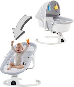3-in-1 Baby Swing, Electric Rocker and Bouncer Chair, 5 Swing Speed, 10 Lullabies, Remote Control, Timing and Bluetooth Function, With Mosquito Net, 5-Point Harness,Gray with White