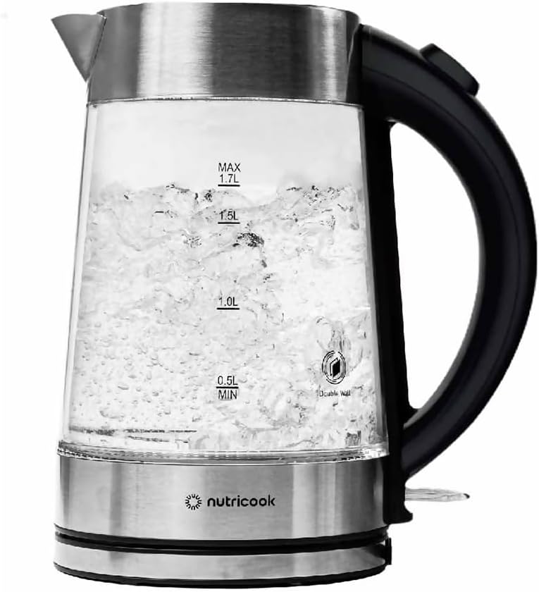 Nutricook Glass Kettle 2200W, 1.7L, Double wall Cool touch exterior, Auto Shut Off, Boil dry Protection, LED Indicator, 360° swivel base, Power Cord Storage, 2 Yr Warranty, GK100 1 Nutricook Glass Kettle 2200W, 1.7L, Double wall Cool touch exterior, Auto Shut Off, Boil dry Protection, LED Indicator, 360° swivel base, Power Cord Storage, 2 Yr Warranty, GK100