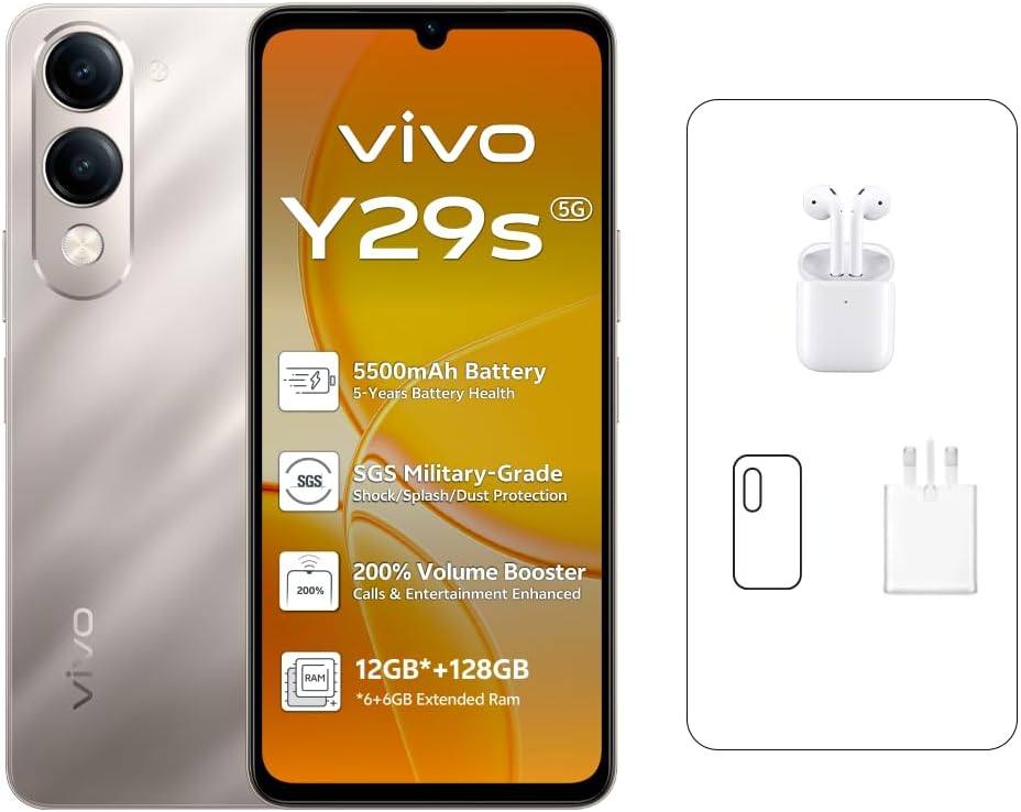 فيفو Y29s تيتانيوم جولد - ذاكرة RAM 6 جيجابايت | تخزين 128 جيجابايت | شاشة 6.75 بوصة HD | كاميرا 50 ميجابايت | بطارية 5500 ميللي امبير في الساعة | مقاومة للماء والغبار IP64 | سماعات أذن 1 فيفو Y29s تيتانيوم جولد - ذاكرة RAM 6 جيجابايت | تخزين 128 جيجابايت | شاشة 6.75 بوصة HD | كاميرا 50 ميجابايت | بطارية 5500 ميللي امبير في الساعة | مقاومة للماء والغبار IP64 | سماعات أذن