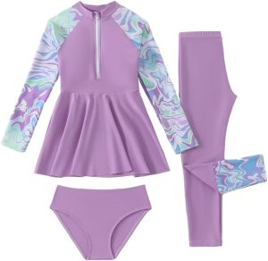طقم ملابس سباحة إسلامية محتشمة من 3 قطع للبنات بأكمام طويلة للحماية من الطفح الجلدي مع سروال ضيق بتغطية كاملة بعامل حماية من الأشعة فوق البنفسجية 50+ من ستكسي فيث