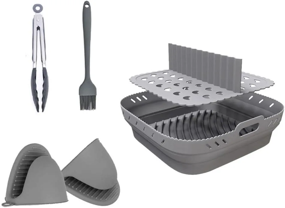 Excefore Air Fryer Silicone Liners, 8.5'' Square Air Fryer Silicone Basket, Heat Resistant Easy Cleaning Air Fryers Oven Accessories, Reusable Air Fryer Silicone Bowl with Divider, Gray