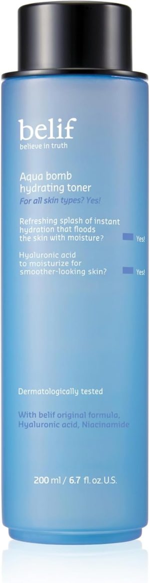 belif Aqua Bomb Hydrating Toner with Hyaluronic Acid, Lightweight Moisturizing Water Facial Toner, Good for Dry Skin and Uneven Texture, For Normal, Dry, Combination, Oily Skin, Korean Skin Care