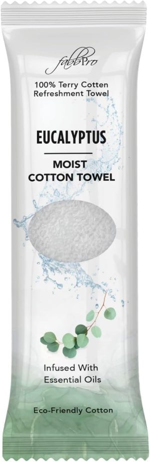 FabbPro Oshibori Moist Terry Cotton Refreshment Towels (25 Pack, 8 x 8 Inches) - White Scented Pre-moistened Towel to Use Hot or Cold (Eucalyptus)