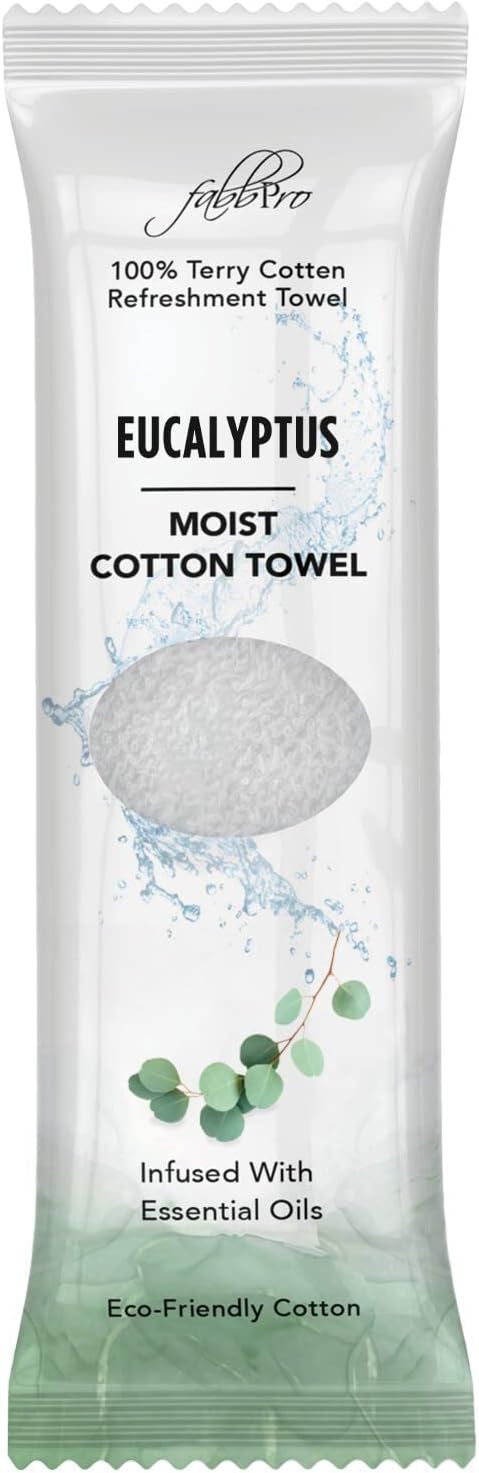 FabbPro Oshibori Moist Terry Cotton Refreshment Towels (25 Pack, 8 x 8 Inches) - White Scented Pre-moistened Towel to Use Hot or Cold (Eucalyptus) 1 FabbPro Oshibori Moist Terry Cotton Refreshment Towels (25 Pack, 8 x 8 Inches) - White Scented Pre-moistened Towel to Use Hot or Cold (Eucalyptus)