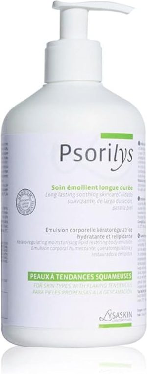 LYSASKIN Psorilys Moisturizing Emollient 500ml – Kerato-Regulating Body Cream for Flaky Skin, Urea-Enriched Formula for Psoriasis-Prone & Very Dry Skin