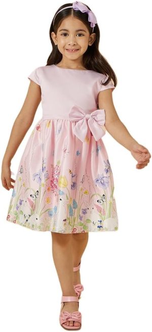 Styli Girls Floral Print Short Sleeve Dress With Bow Detail