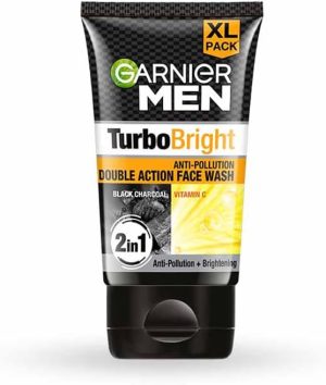 Garnier Men Turbo Bright Double Action Face Wash, Deep Cleansing Anti Pollution Face Wash with Charcoal and Vitamin C, Suitable for all Skin Types, 150g