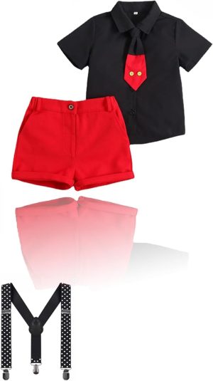 Sweet seven Adorable Baby Boys Cake Smash Outfit with Gentleman Necktie, Shirt, Suspenders, Shorts, Mouse Ears - Perfect for Birthdays, Halloween, and Celebrations! Suitable for 90cm