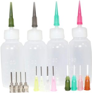 Outman Multi Purpose Precision Applicator Set 4 pcs 1 Oz.Bottle and 16 pcs Needle Tips Sizes for Henna Tattoo Body Art Paint Paper Quilling Glue