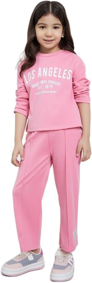 طقم بنطلون رياضي للبنات مكون من توب مطبوع عليه LA بلون بينك من ستايلي