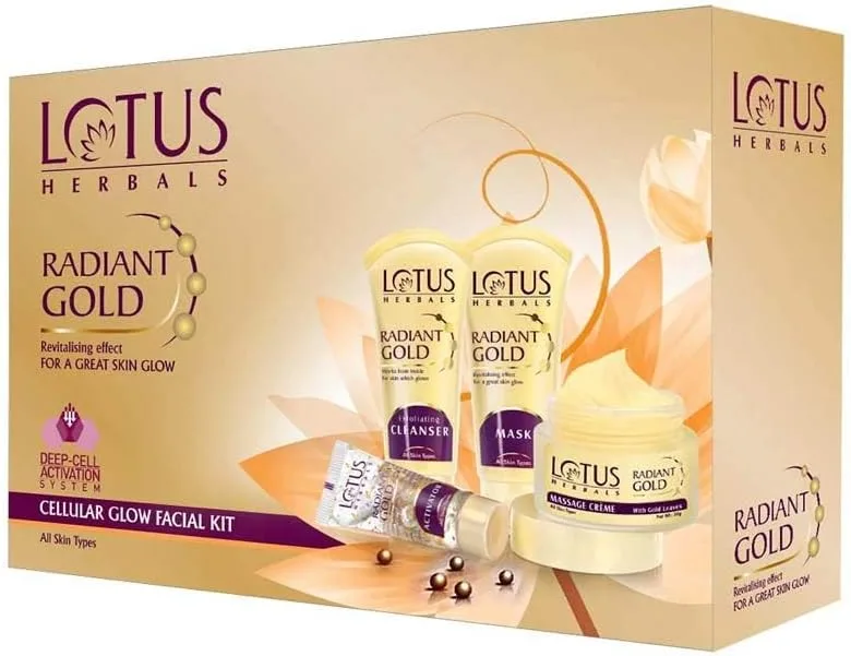 Lotus Herbals Radiant Gold Facial Kit for instant glow with 24K Pure Gold & Papaya,4 easy steps, 170g Multiple use, multi