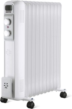 Geepas Oil Filled Radiator Heater, 2500W – Energy Efficient Electric Heater – 3 Power Settings, Adjustable Temperature & Low Running Cost – Ideal for Home Office – 2 Year Warranty, 11 Fins, White