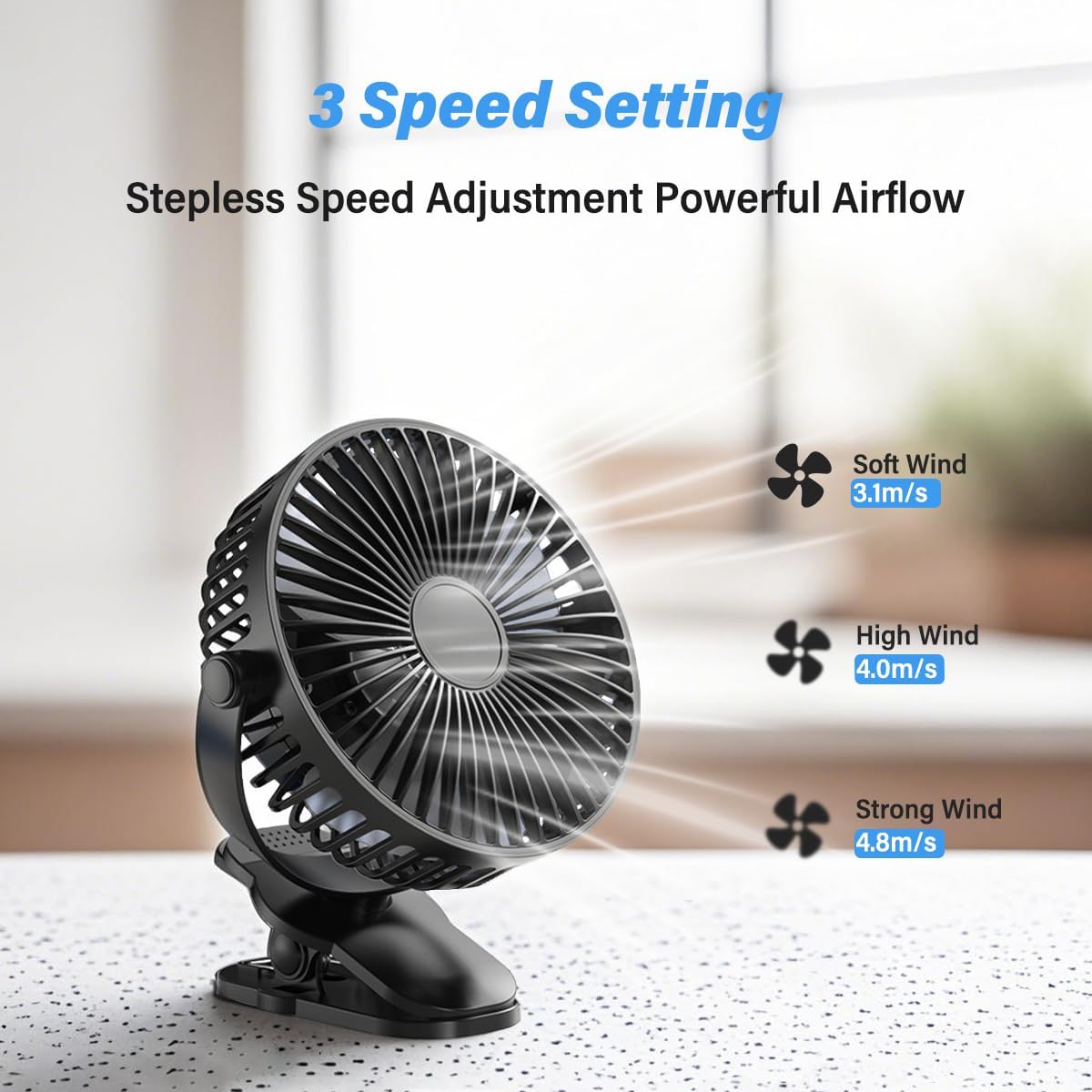 USB Desk Fan, Small But Powerful, Personal Portable Clip-on Fan with 3 Speeds Wind, 720° Rotate Personal Fan for Home or Office, Black 2 USB Desk Fan, Small But Powerful, Personal Portable Clip-on Fan with 3 Speeds Wind, 720° Rotate Personal Fan for Home or Office, Black - الصورة 2
