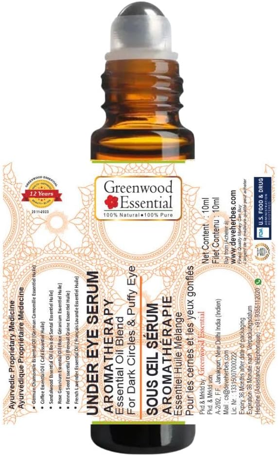 Greenwood Essential Under Eye Serum - for Dark Circles & Puffy Eyes. Blend of German Chamomile, Coffee, Sandalwood, Rose Geranium, French Lavender & Fennel Seed Essential Oils 10ml 2 Greenwood Essential Under Eye Serum - for Dark Circles & Puffy Eyes. Blend of German Chamomile, Coffee, Sandalwood, Rose Geranium, French Lavender & Fennel Seed Essential Oils 10ml - الصورة 2