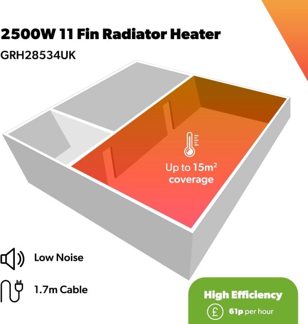 ⁦Geepas Oil Filled Radiator Heater, 2500W – Energy Efficient Electric Heater – 3 Power Settings, Adjustable Temperature & Low Running Cost – Ideal for Home Office – 2 Year Warranty, 11 Fins, White⁩ - الصورة ⁦2⁩