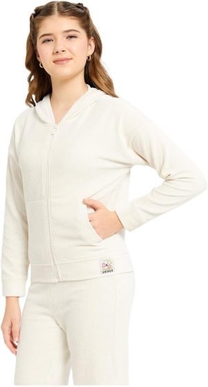 REDTAG Girls Senior Cream Hooded Cord Zip Thru