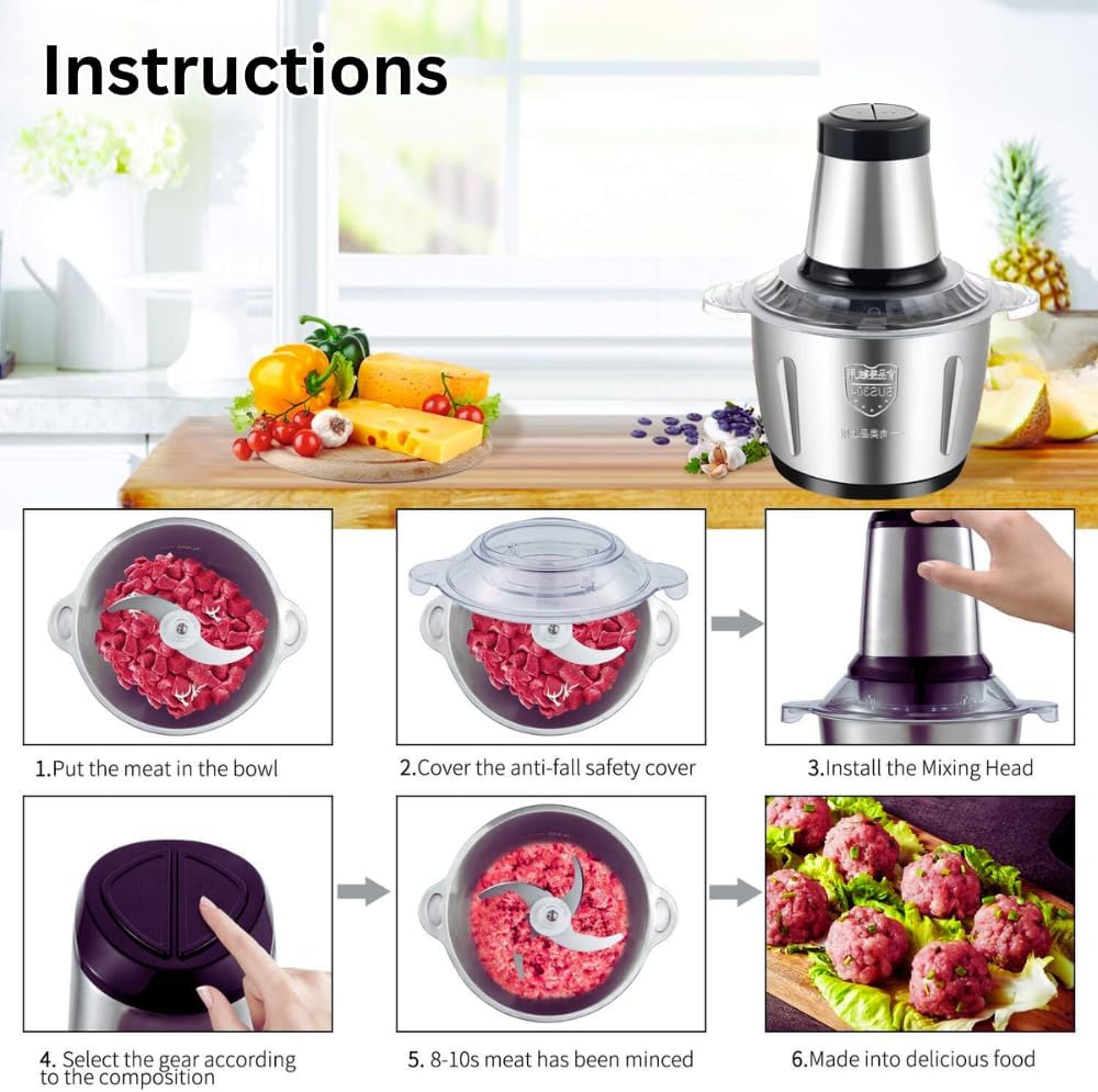 AlsayedP 2L Electric Meat Grinder Stainless Steel Electric Meat Chopper Powerful 300W Food Processor Designed For Meat, Vegetables, Fruits, and Nut (2L), AP-011 8 AlsayedP 2L Electric Meat Grinder Stainless Steel Electric Meat Chopper Powerful 300W Food Processor Designed For Meat, Vegetables, Fruits, and Nut (2L), AP-011 - الصورة 8