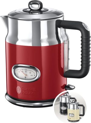 Russell Hobbs Kettle [1.7 L, 2400 W] Retro Red & Polished Stainless Steel (Quick Boil Function, Water Temperature Display in Retro Design, External Water Level Indicator) Vintage Tea Maker 21670-70