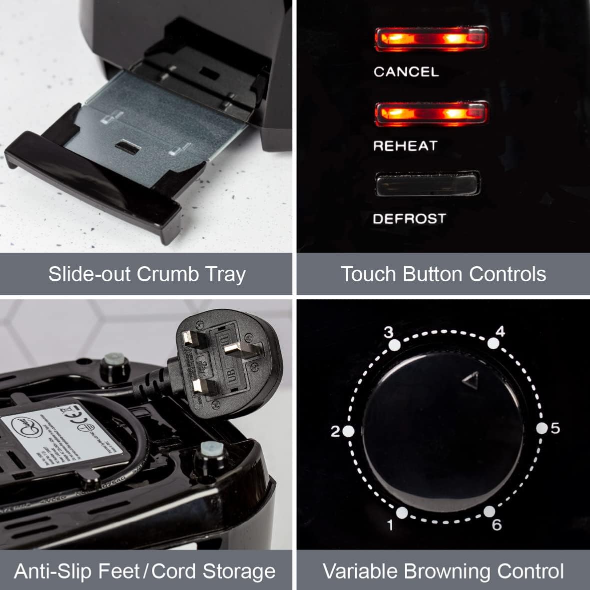 Quest 4 Slice Toaster Black - Extra Wide Long Slots for Crumpets and Bagels - 6 Settings - Reheat and Defrost 4 Quest 4 Slice Toaster Black - Extra Wide Long Slots for Crumpets and Bagels - 6 Settings - Reheat and Defrost - الصورة 4