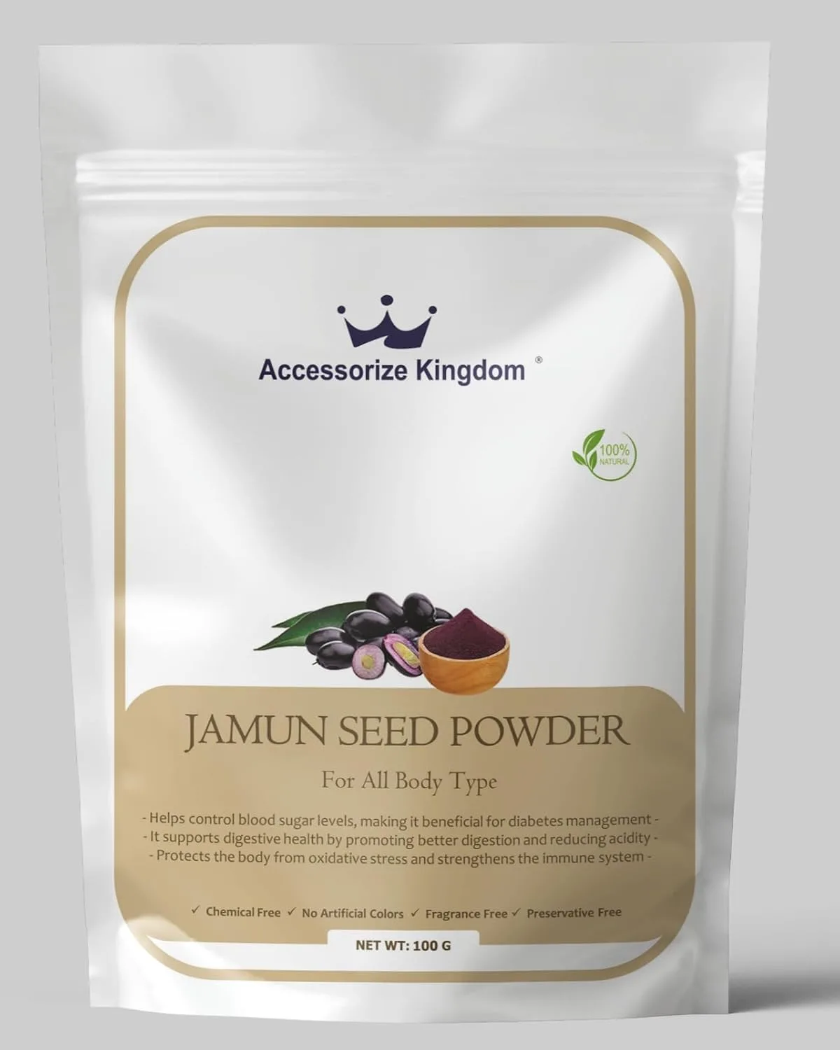 Accessorize Kingdom Jamun Seed Powder for Skin & Hair – 100% Natural & Pure | Supports Clear Skin, Controls Oil & Reduces Blemishes | Strengthens Hair, Nourishes Scalp & Promotes Growth | (100gm)