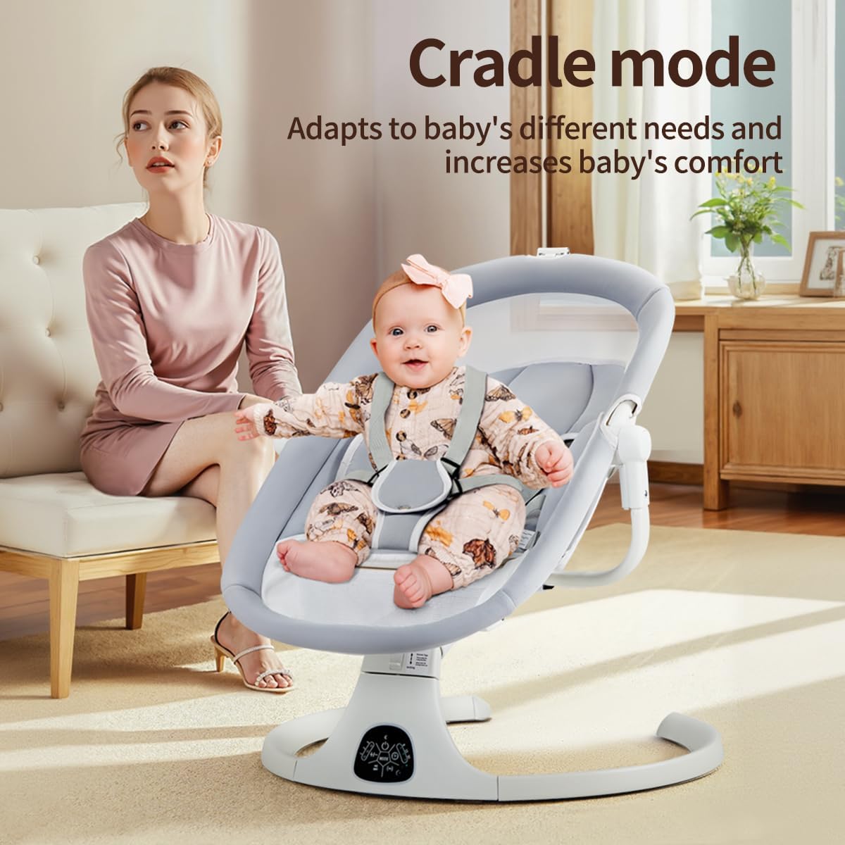 3-in-1 Baby Swing, Electric Rocker and Bouncer Chair, 5 Swing Speed, 10 Lullabies, Remote Control, Timing and Bluetooth Function, With Mosquito Net, 5-Point Harness,Gray with White 7 3-in-1 Baby Swing, Electric Rocker and Bouncer Chair, 5 Swing Speed, 10 Lullabies, Remote Control, Timing and Bluetooth Function, With Mosquito Net, 5-Point Harness,Gray with White - الصورة 7
