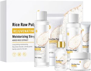 LBOYLOVE® Rice Raw Pulp Rejuvenating Moisturizing Skincare Set, 6 Pcs Rice Raw Pulp Skincare Gift Kit with Cleanser, Essence, Face Cream, Eye Cream, Toner and Lotion, for Women & Girls