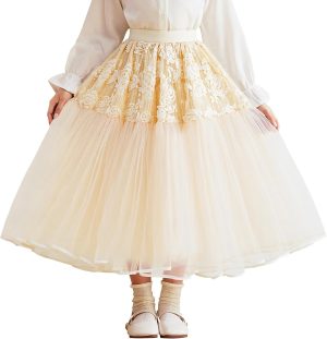 SEAUR Girls Tulle Skirt with Rose Decor Long Skirt for Girls Tutu Flower Cute Casual Party Everyday Wear Summer 5-12 Years