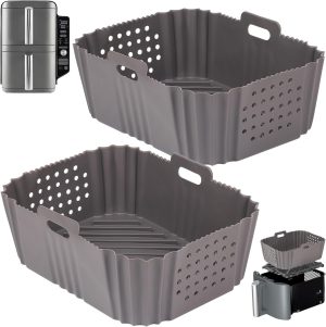 Tazweeq 2 Pcs Silicone Air Fryer Liners for Ninja SL401, Double Stack 2 Basket Airfryer, Reusable Rectangle Perforated Silicone Liners for Dual Airfryer (Gray)