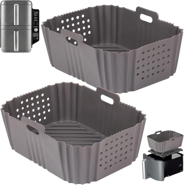 Tazweeq 2 Pcs Silicone Air Fryer Liners for Ninja SL401, Double Stack 2 Basket Airfryer, Reusable Rectangle Perforated Silicone Liners for Dual Airfryer (Gray)