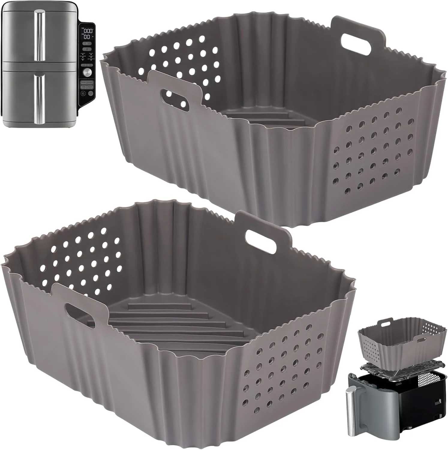 Tazweeq 2 Pcs Silicone Air Fryer Liners for Ninja SL401, Double Stack 2 Basket Airfryer, Reusable Rectangle Perforated Silicone Liners for Dual Airfryer (Gray)