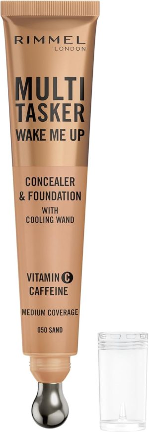 Rimmel Multi-Tasker Wake Me Up, 50 Sand, Concealer & Foundation, Brightens, Corrects, Buildable Coverage, Radiant Finish, Vegan Formula, 20ml