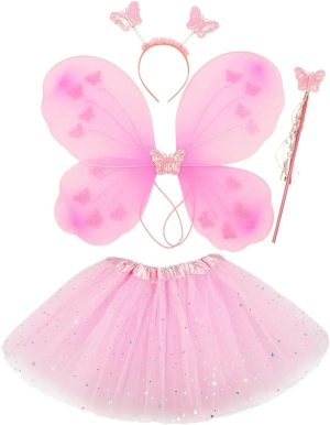 Ricjurzzty Girls Fairy Costume Fancy Dress Up Butterfly Costume Sets with Tutu Dress, Butterfly Wing, Headband,Wand Costume Set for 3-8 Years Girls