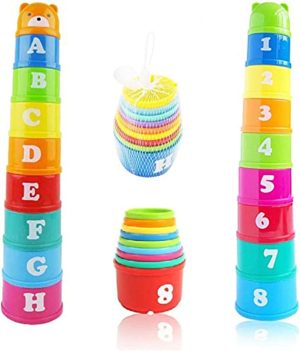 Coodiikaka Stacking Cups, 9 pieces with letters and numbers, Sound Folding Cup Toy Stacking Cups Game Toy for Baby Kids Childrens Educational Toy Bath toys