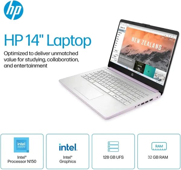 ⁦HP 2025 New Student Business Laptop, Intel N150 CPU(Beats N4120), 14in LED Screen, 16GB RAM, 128GB UFS+256GB MSD Storage, Wi-Fi 6, Copilot AI,Windows 11 Pro, Honey Lavender⁩ - الصورة ⁦3⁩