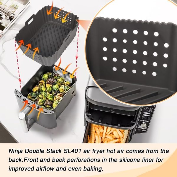 ⁦Tazweeq 2 Pcs Silicone Air Fryer Liners for Ninja SL401, Double Stack 2 Basket Airfryer, Reusable Rectangle Perforated Silicone Liners for Dual Airfryer (Gray)⁩ - الصورة ⁦2⁩