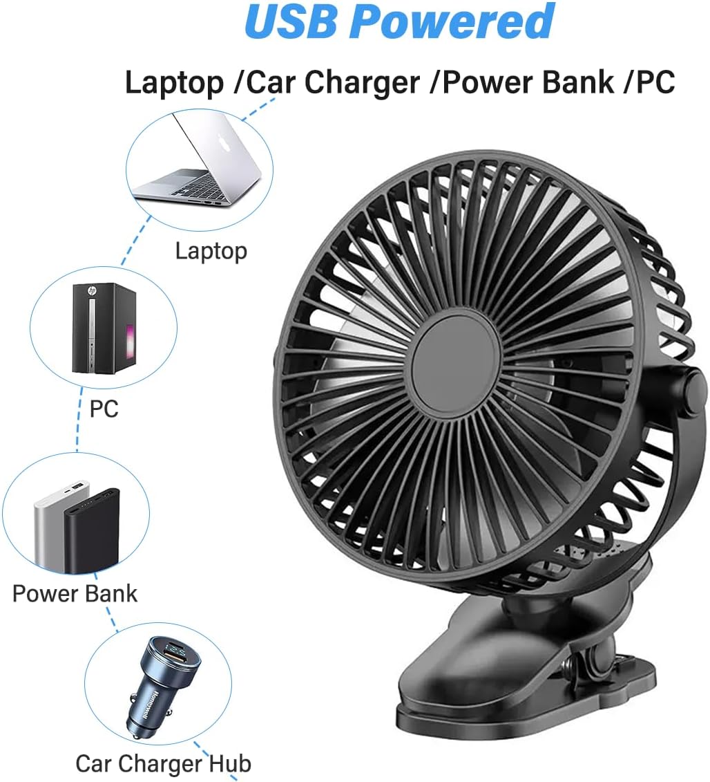 USB Desk Fan, Small But Powerful, Personal Portable Clip-on Fan with 3 Speeds Wind, 720° Rotate Personal Fan for Home or Office, Black 6 USB Desk Fan, Small But Powerful, Personal Portable Clip-on Fan with 3 Speeds Wind, 720° Rotate Personal Fan for Home or Office, Black - الصورة 6
