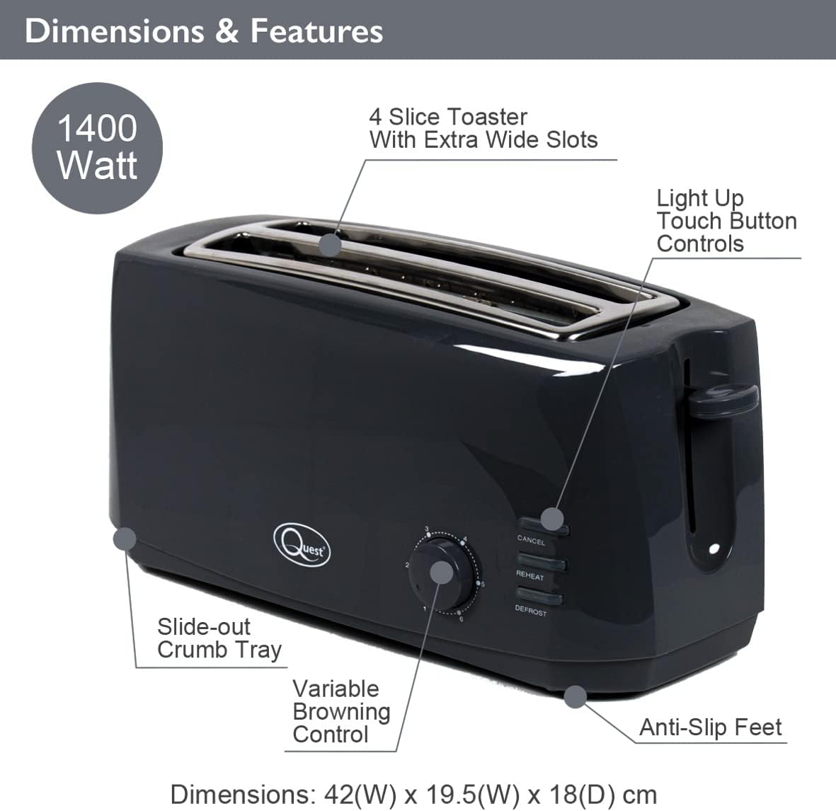 Quest 4 Slice Toaster Black - Extra Wide Long Slots for Crumpets and Bagels - 6 Settings - Reheat and Defrost 3 Quest 4 Slice Toaster Black - Extra Wide Long Slots for Crumpets and Bagels - 6 Settings - Reheat and Defrost - الصورة 3