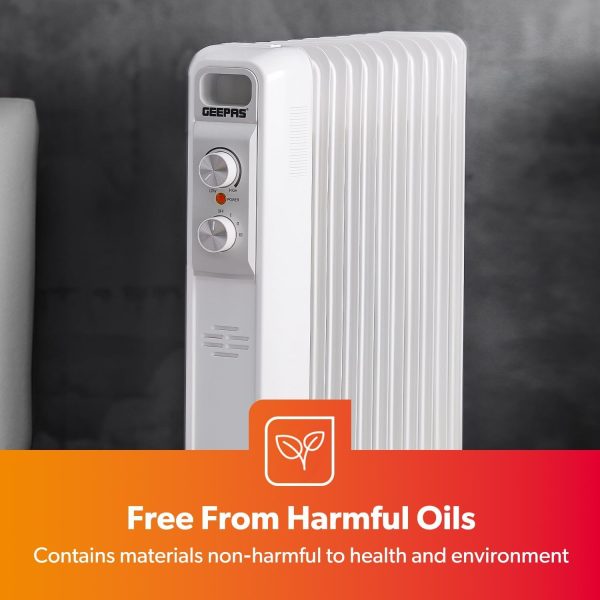 ⁦Geepas Oil Filled Radiator Heater, 2500W – Energy Efficient Electric Heater – 3 Power Settings, Adjustable Temperature & Low Running Cost – Ideal for Home Office – 2 Year Warranty, 11 Fins, White⁩ - الصورة ⁦9⁩