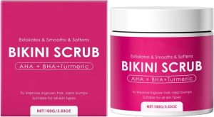 Bikini Area Exfoliator with 10% AHA+BHA & Turmeric, Ingrown Hair & Razor Bumps for Bikini Underarm Area, Skin Moisturizing, Smoothing, Even Skin Tone Exfoliating Body Scrub with Walnut Shell Powder