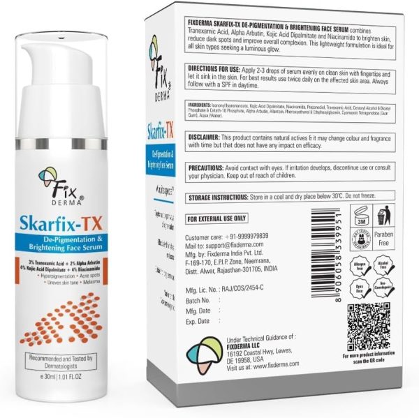 ⁦Fixderma Skarfix-TX Face Serum with 4% Kojic Acid, 4% Niacinamide Serum, 3% Tranexamic Acid & 2% Alpha Arbutin | Treats Hyper Pigmentation & Melasma | Reduce Acne Spots | brightening the Skin - 30Ml⁩ - الصورة ⁦6⁩