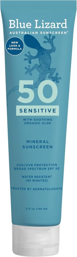 BLUE LIZARD Sensitive Mineral Sunscreen with Zinc Oxide 50+ Water Resistant UVAUVB Protection with Smart Cap Technology Fragrance Free, Sensitve, SPF 50 - - Tube, Unscented, 5 Fl Oz