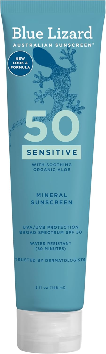 BLUE LIZARD Sensitive Mineral Sunscreen with Zinc Oxide 50+ Water Resistant UVAUVB Protection with Smart Cap Technology Fragrance Free, Sensitve, SPF 50 - - Tube, Unscented, 5 Fl Oz 1 BLUE LIZARD Sensitive Mineral Sunscreen with Zinc Oxide 50+ Water Resistant UVAUVB Protection with Smart Cap Technology Fragrance Free, Sensitve, SPF 50 - - Tube, Unscented, 5 Fl Oz